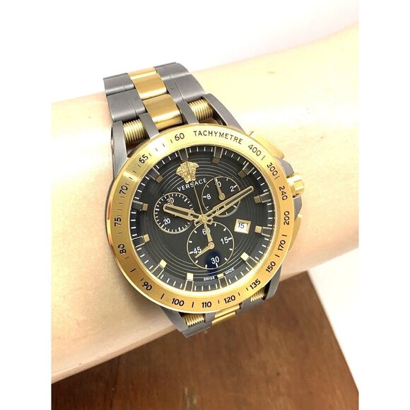 Versace Men's Watch VE3E00621 Swiss Quartz Chronograph Black Dial Gold Gray Band - Picture 11 of 14